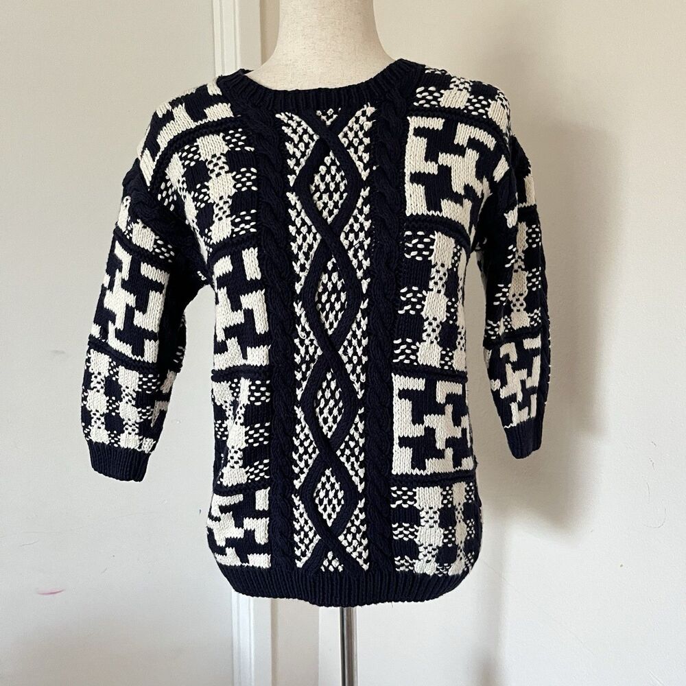 VTG Brooks Brothers Hand Knit Cotton Navy White Crew Sweater Sz M Half Sleeve